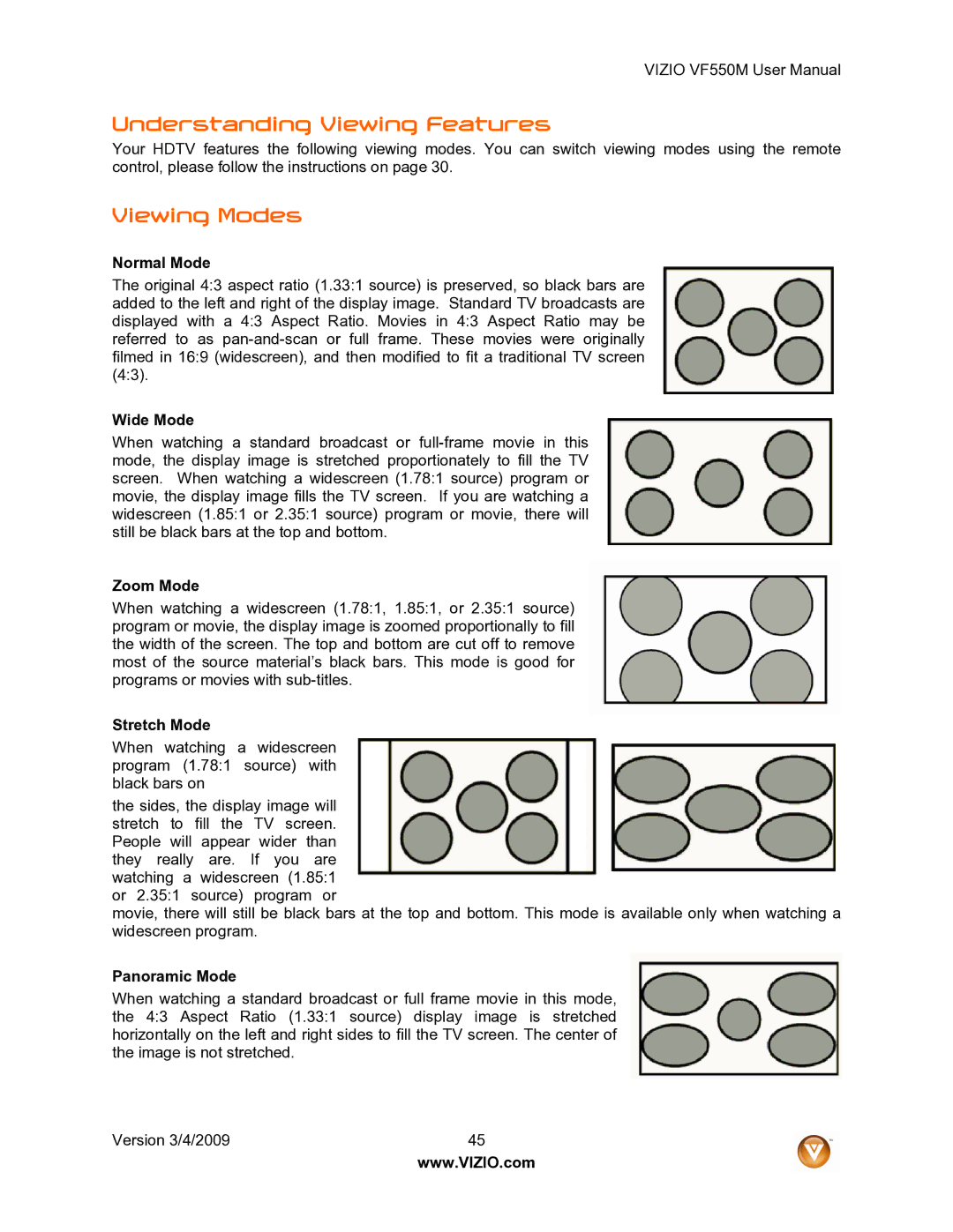 Vizio VF550M user manual Understanding Viewing Features, Viewing Modes 