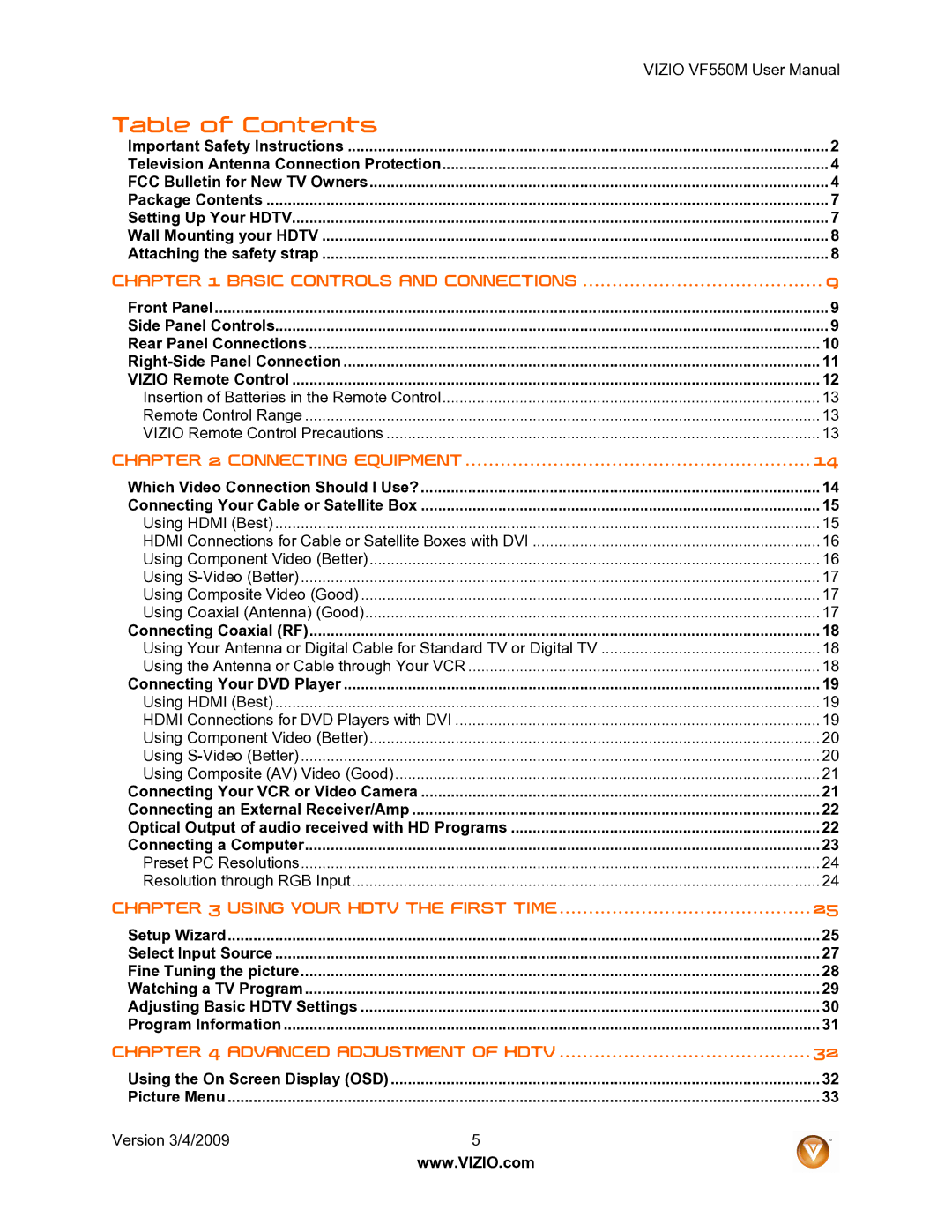 Vizio VF550M user manual Table of Contents 