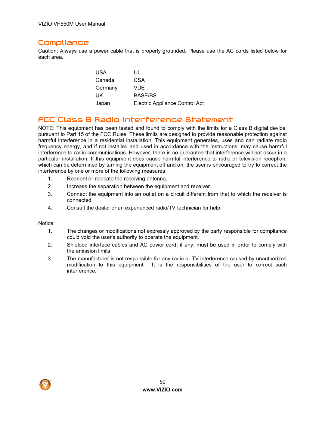 Vizio VF550M user manual Compliance, FCC Class B Radio Interference Statement 