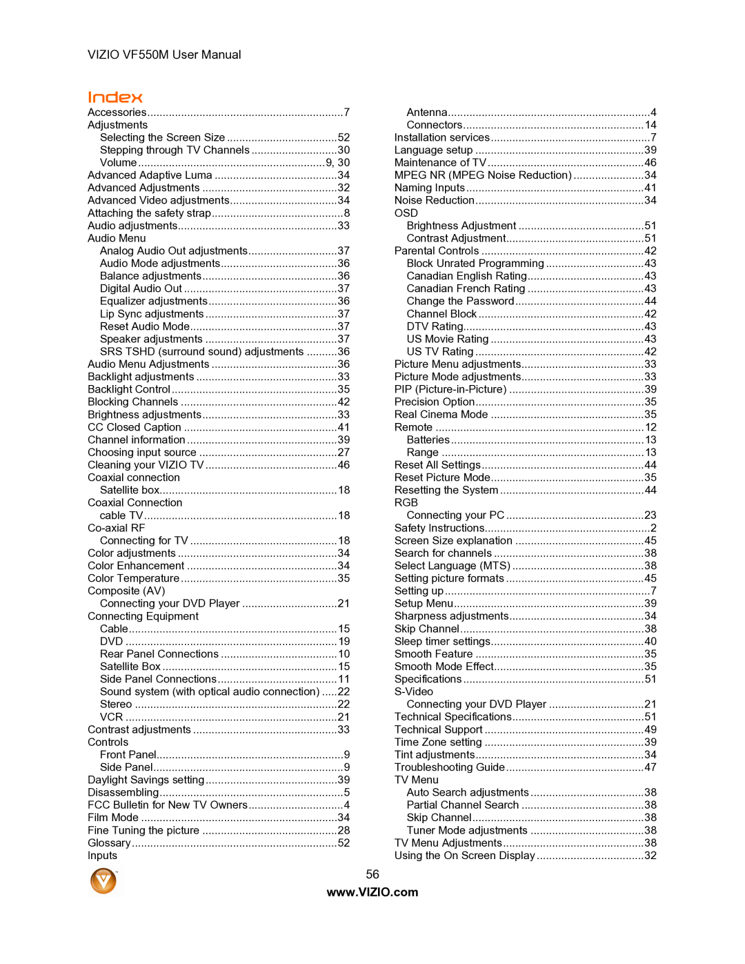 Vizio VF550M user manual Index, Dvd 