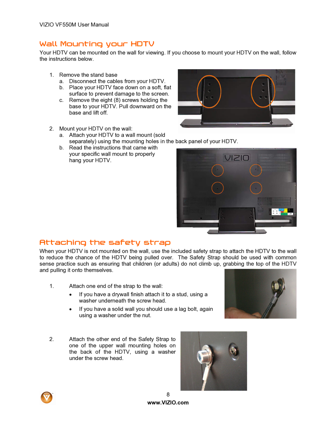 Vizio VF550M user manual Wall Mounting your Hdtv, Attaching the safety strap 