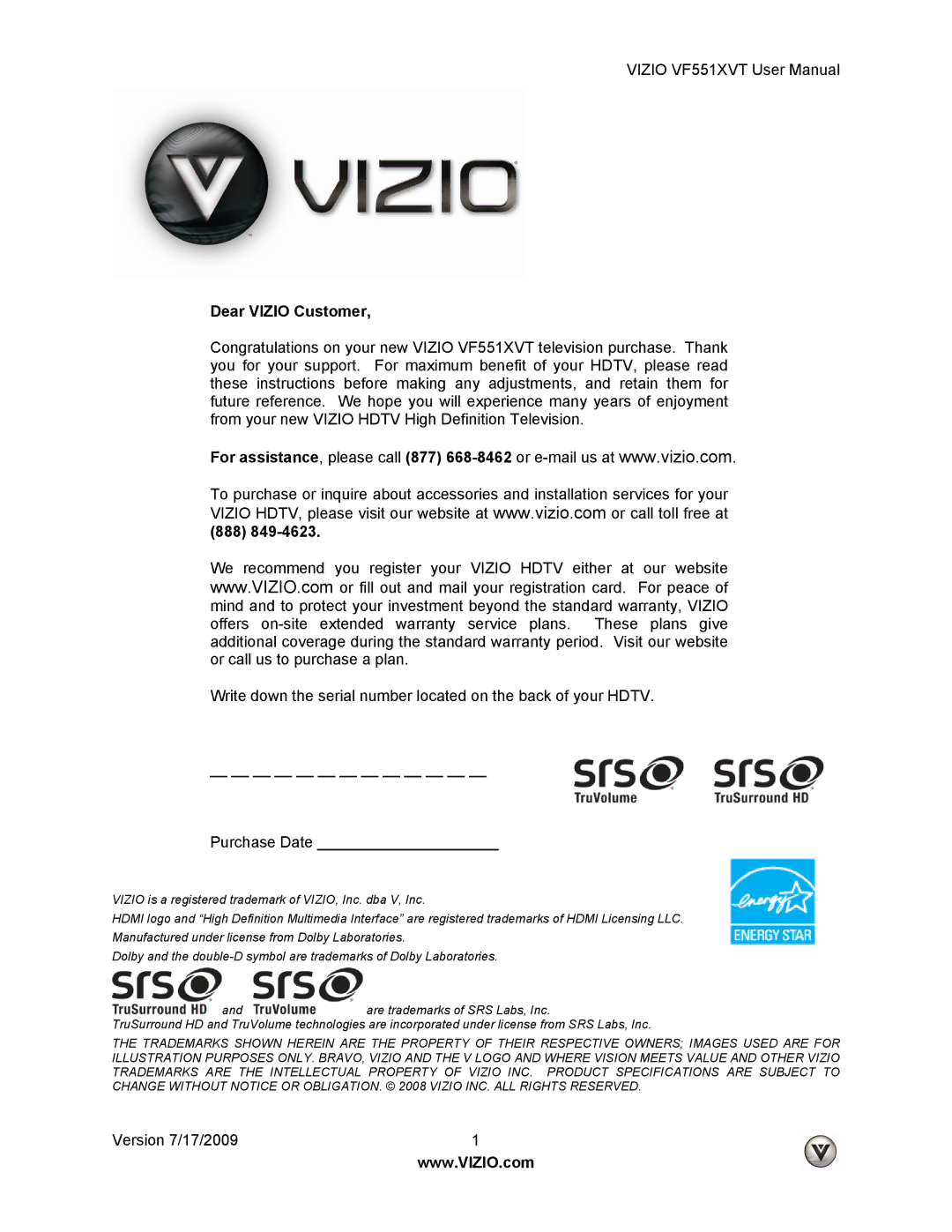 Vizio VF551XVT user manual Dear Vizio Customer, 888 