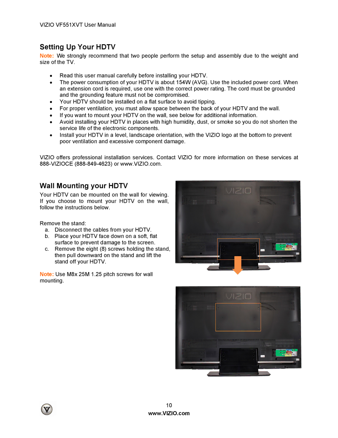 Vizio VF551XVT user manual Setting Up Your Hdtv, Wall Mounting your Hdtv 