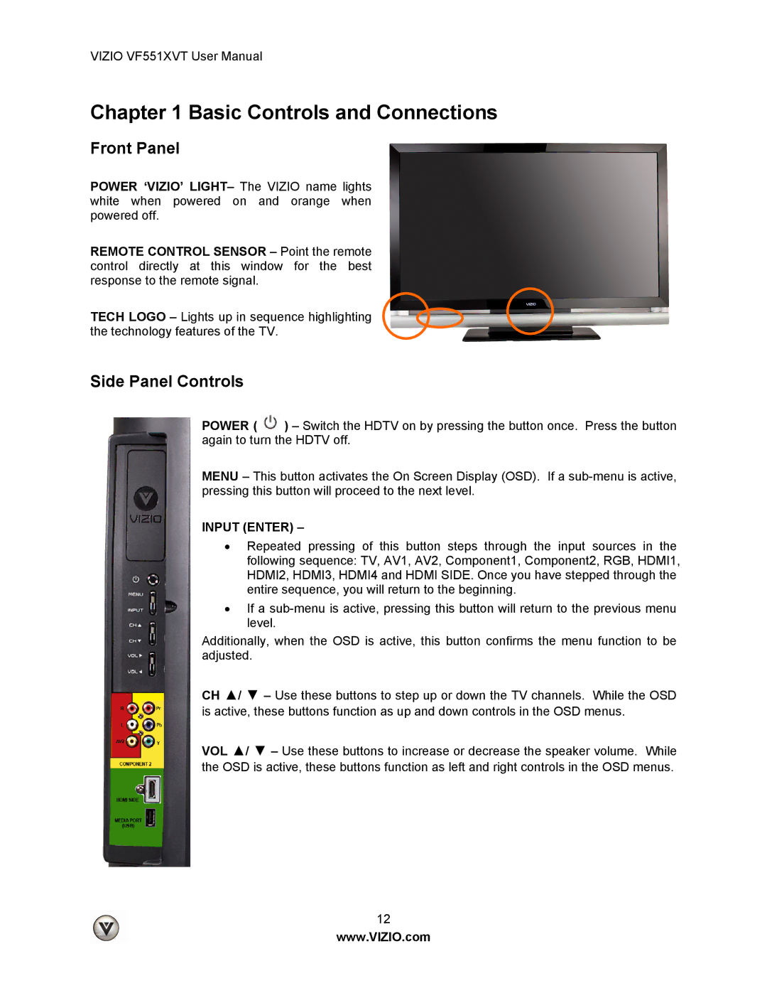 Vizio VF551XVT user manual Front Panel, Side Panel Controls 