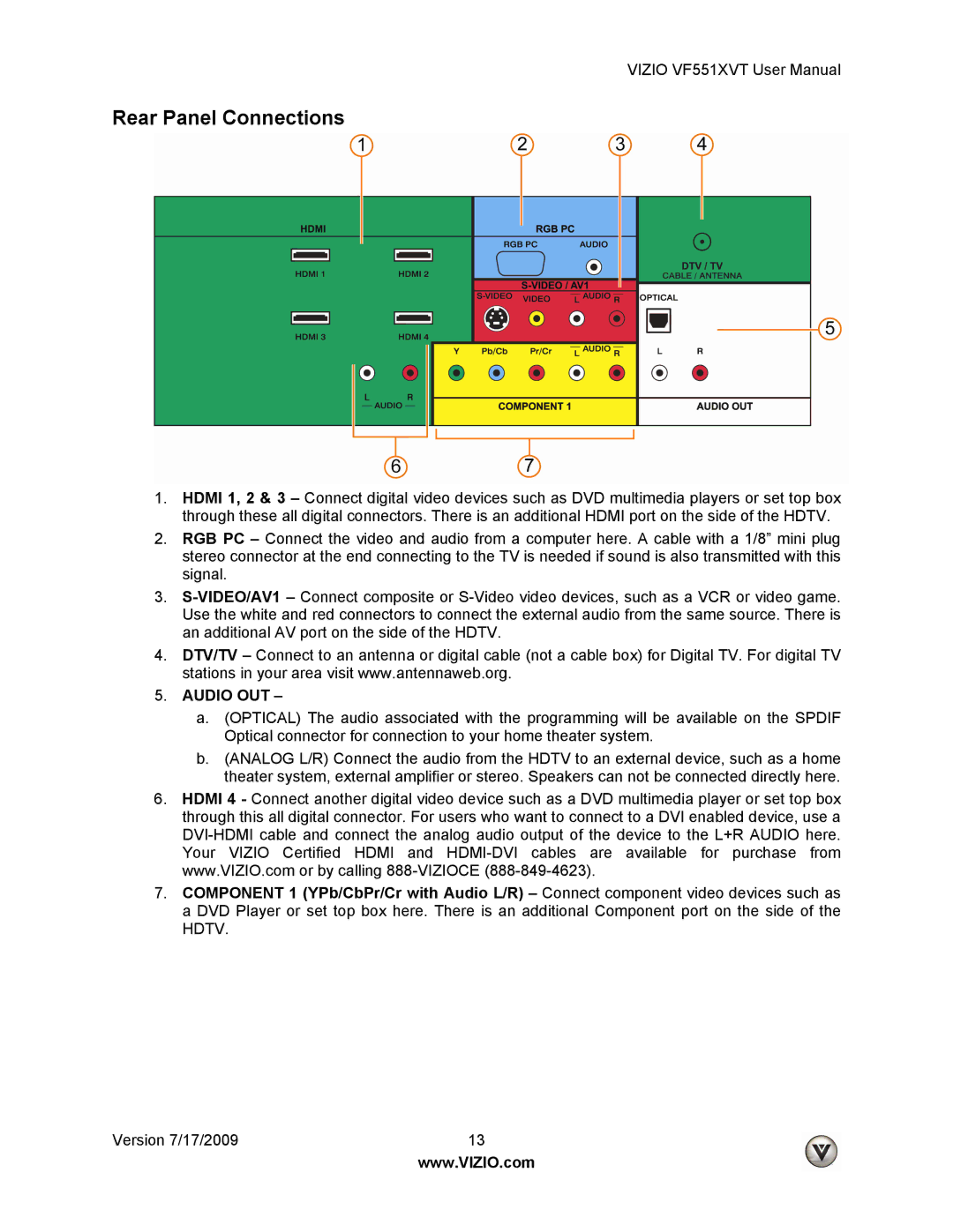 Vizio VF551XVT user manual Rear Panel Connections, Audio OUT 