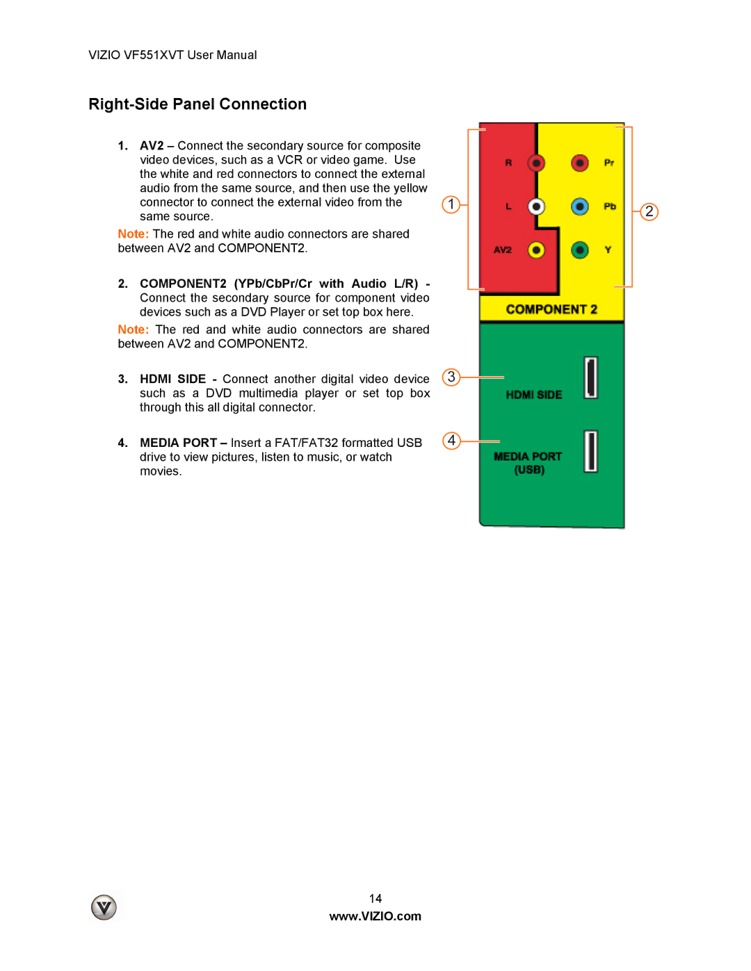 Vizio VF551XVT user manual Right-Side Panel Connection 