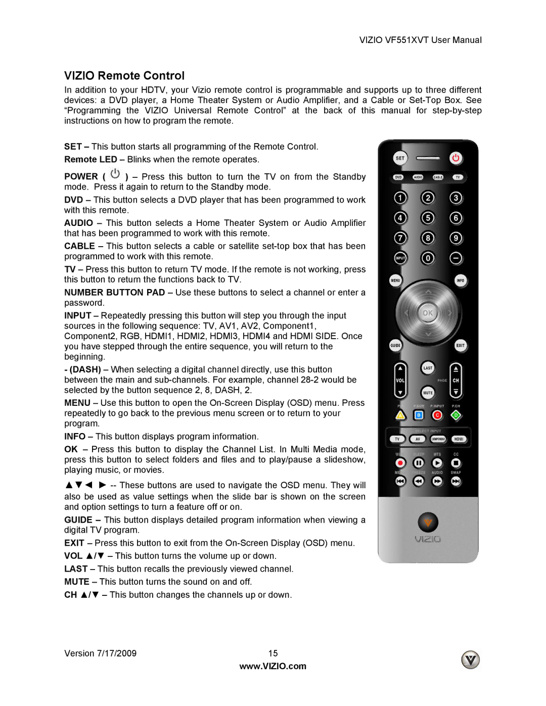 Vizio VF551XVT user manual Vizio Remote Control 