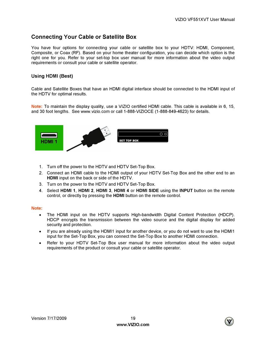 Vizio VF551XVT user manual Connecting Your Cable or Satellite Box, Using Hdmi Best 