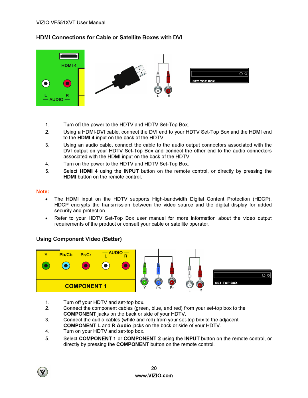 Vizio VF551XVT user manual Hdmi Connections for Cable or Satellite Boxes with DVI, Using Component Video Better 