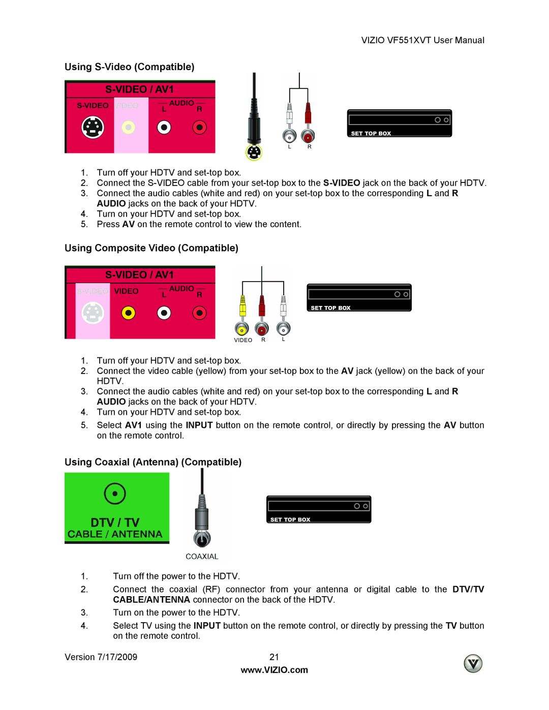 Vizio VF551XVT user manual Using S-Video Compatible, Using Composite Video Compatible, Using Coaxial Antenna Compatible 