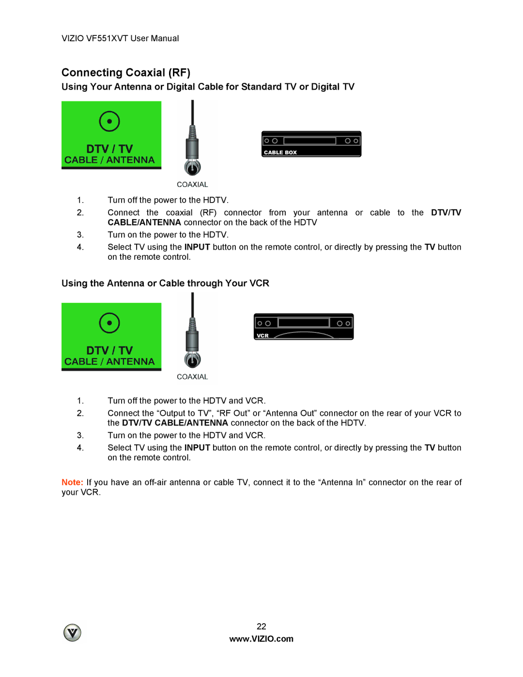 Vizio VF551XVT user manual Connecting Coaxial RF, Using the Antenna or Cable through Your VCR 