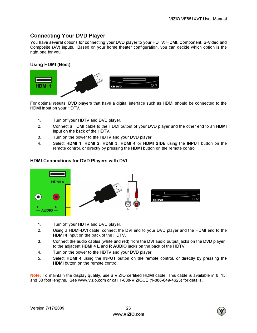 Vizio VF551XVT user manual Connecting Your DVD Player, Hdmi Connections for DVD Players with DVI 