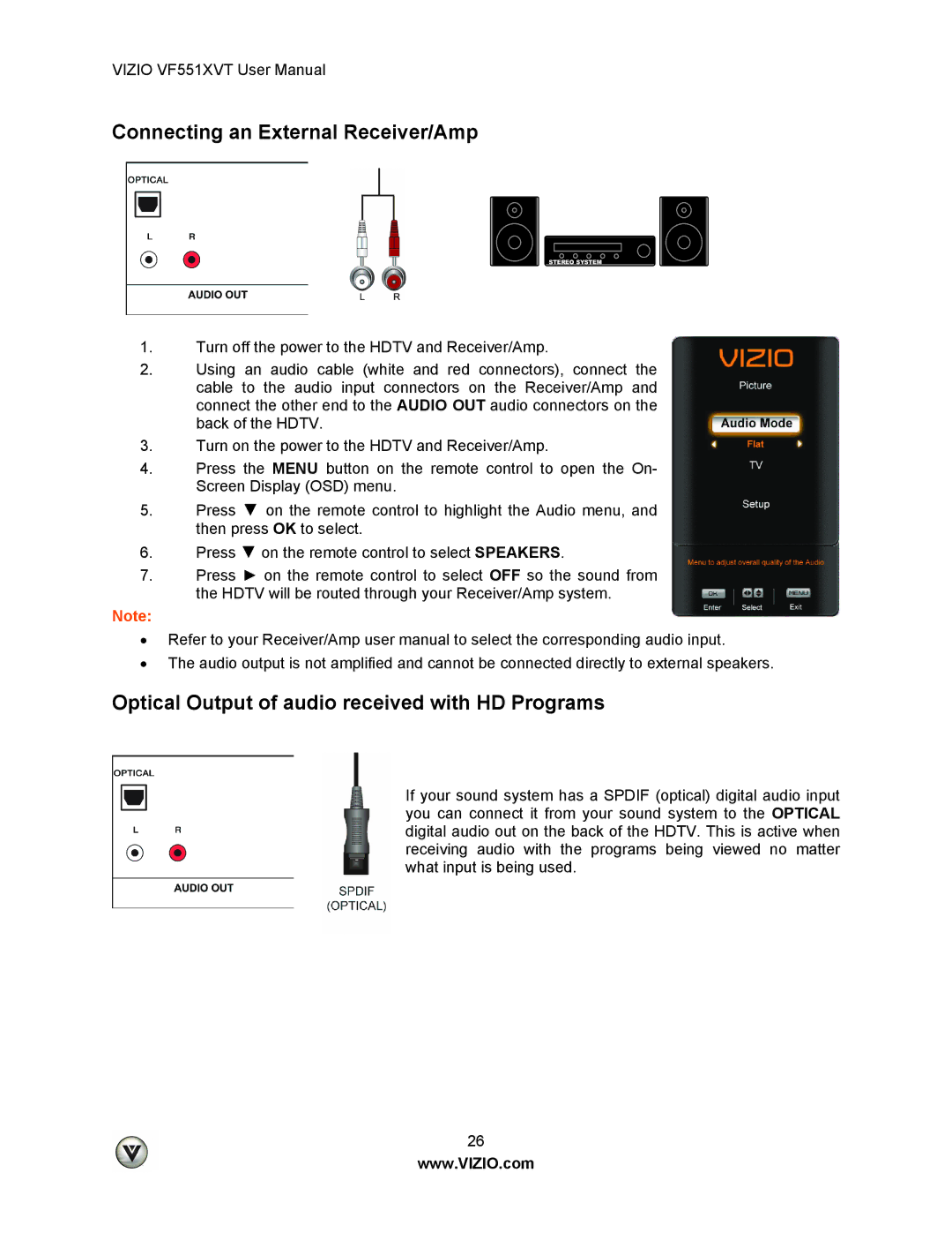 Vizio VF551XVT user manual Connecting an External Receiver/Amp, Optical Output of audio received with HD Programs 