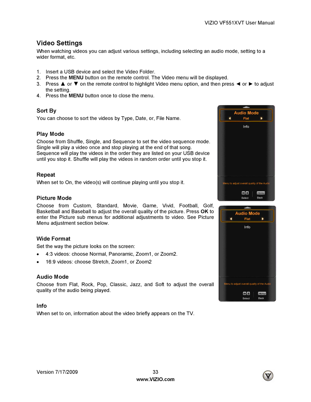 Vizio VF551XVT user manual Video Settings, Picture Mode, Wide Format 