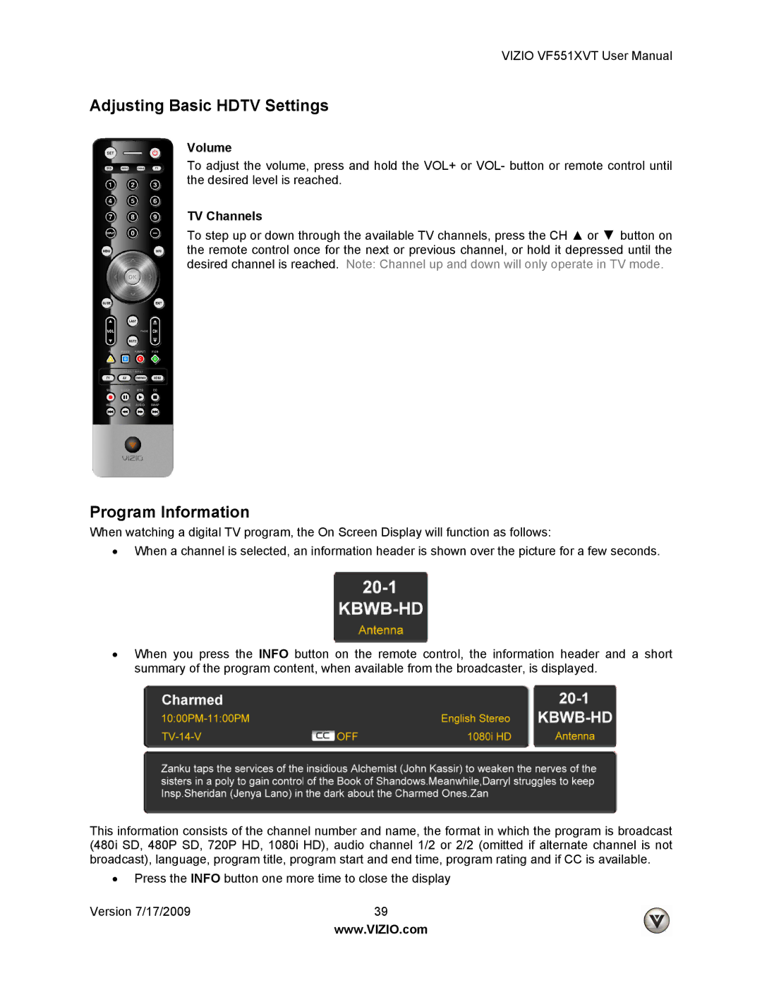 Vizio VF551XVT user manual Adjusting Basic Hdtv Settings, Program Information, Volume, TV Channels 