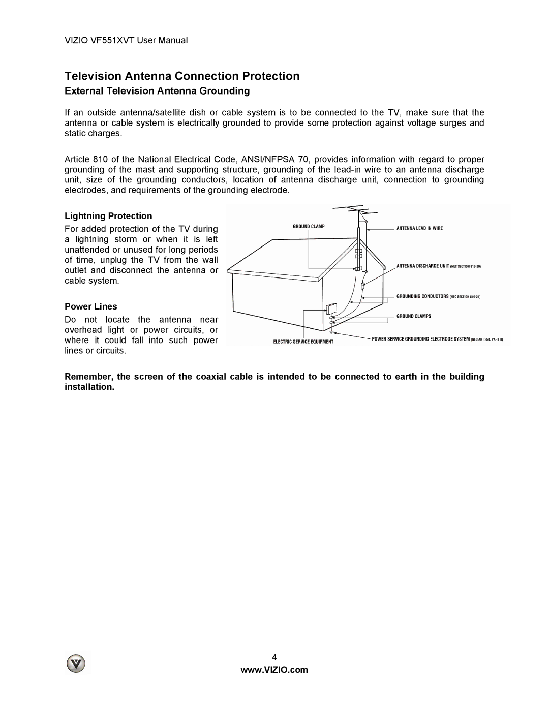 Vizio VF551XVT Television Antenna Connection Protection, External Television Antenna Grounding, Lightning Protection 