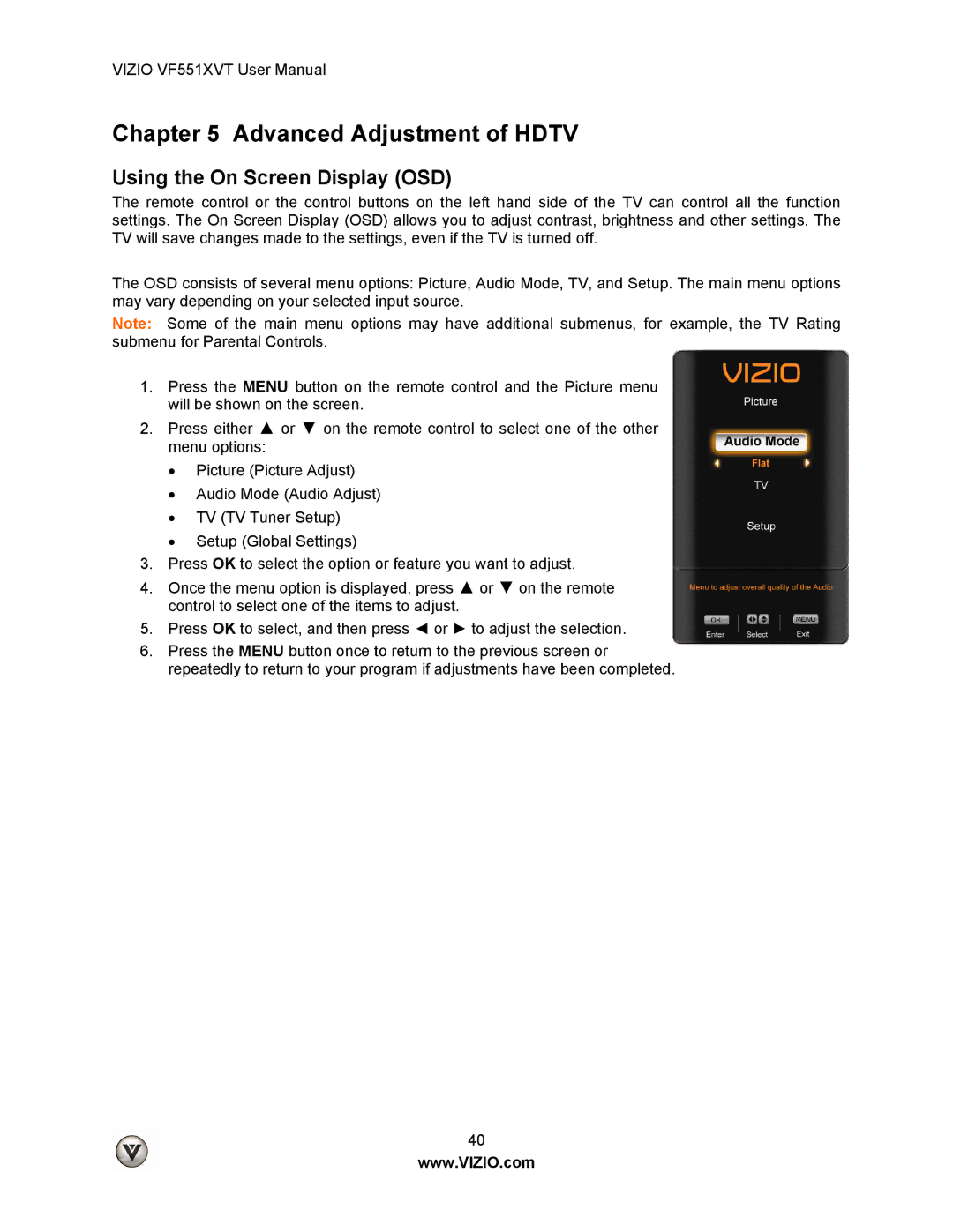 Vizio VF551XVT user manual Advanced Adjustment of Hdtv, Using the On Screen Display OSD 