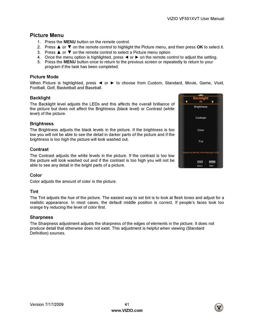 Vizio VF551XVT user manual Picture Menu 