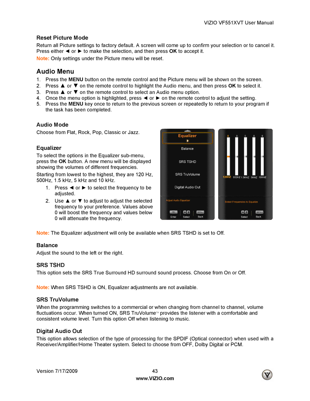 Vizio VF551XVT user manual Audio Menu 