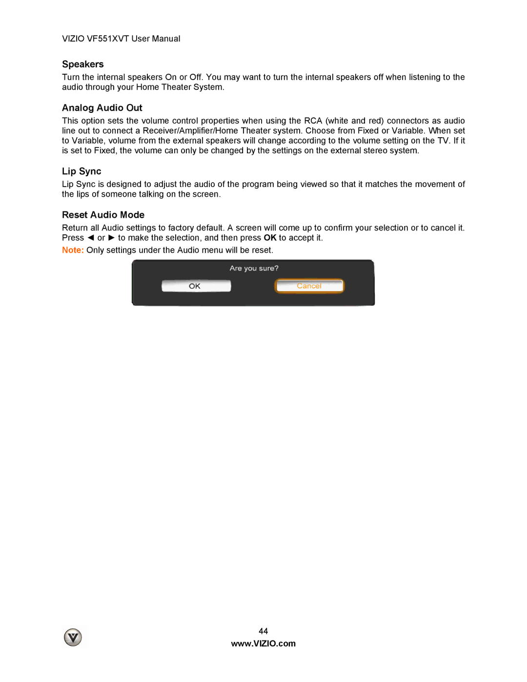 Vizio VF551XVT user manual Speakers, Analog Audio Out, Lip Sync, Reset Audio Mode 