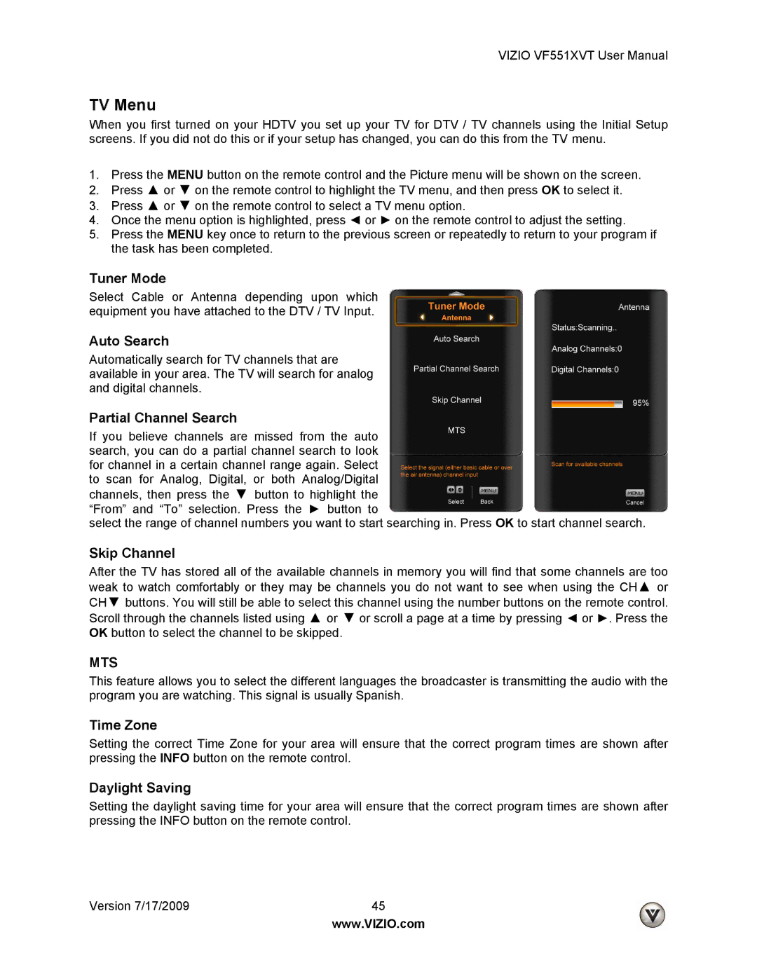 Vizio VF551XVT user manual TV Menu 