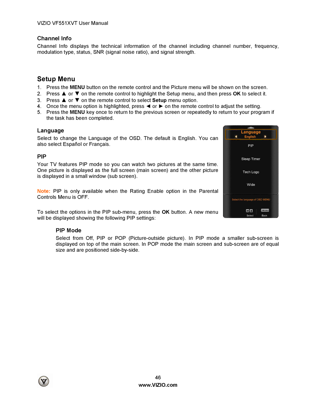 Vizio VF551XVT user manual Setup Menu, Channel Info, Language, PIP Mode 