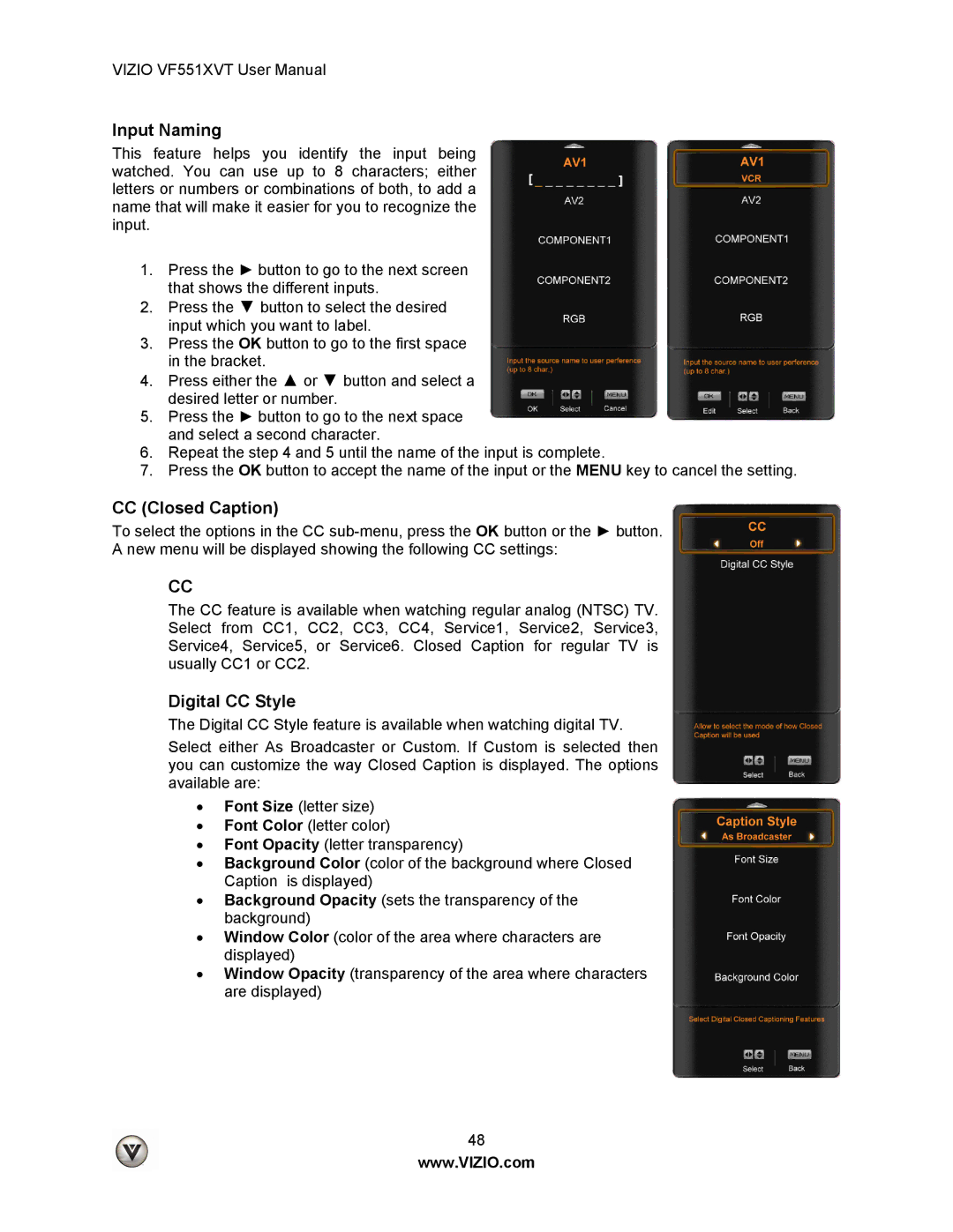 Vizio VF551XVT user manual Input Naming, CC Closed Caption, Digital CC Style 