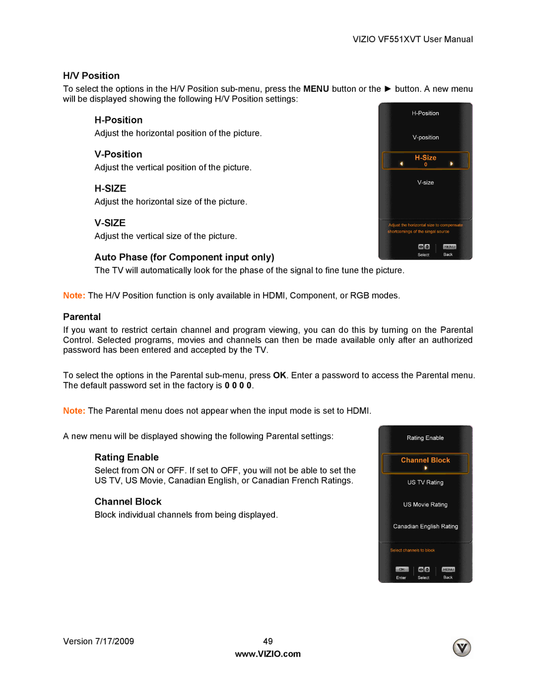 Vizio VF551XVT user manual Position, Auto Phase for Component input only, Parental, Rating Enable, Channel Block 