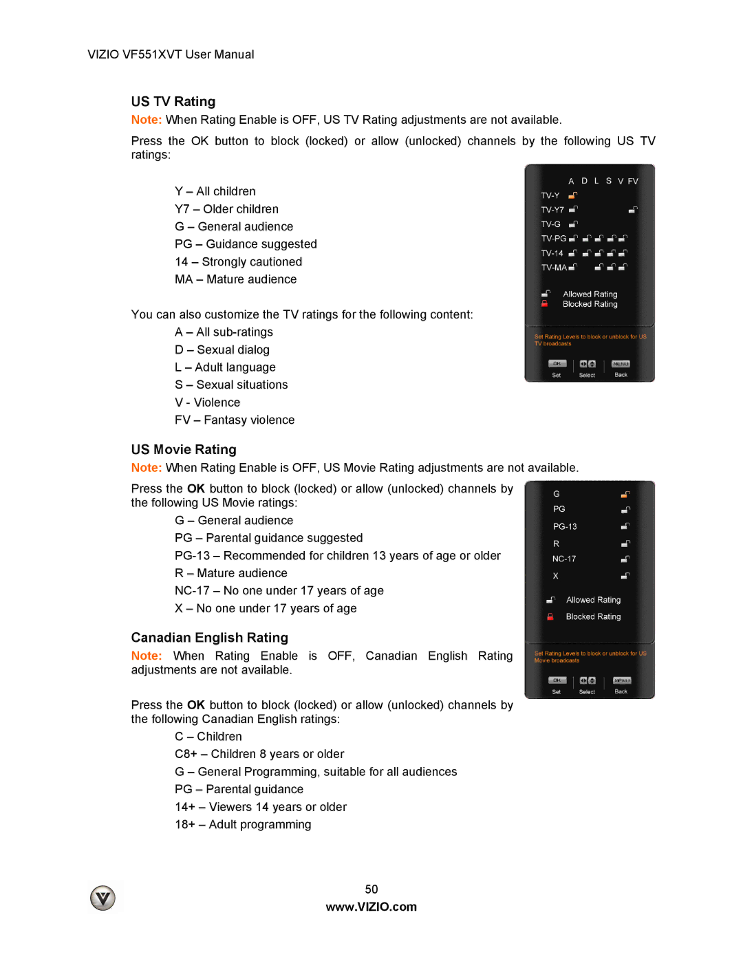 Vizio VF551XVT user manual US TV Rating, US Movie Rating, Canadian English Rating 