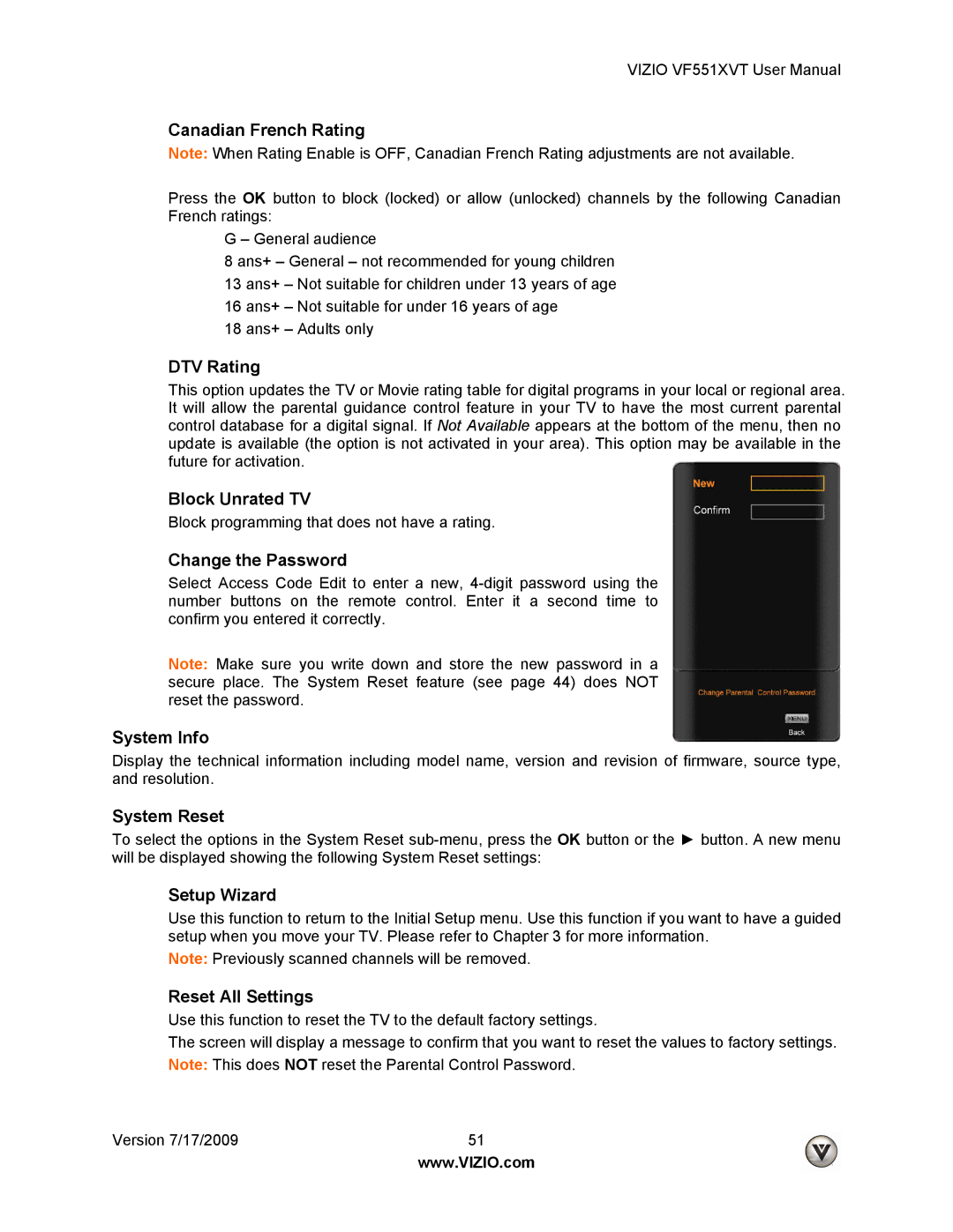 Vizio VF551XVT Canadian French Rating, DTV Rating, Block Unrated TV, Change the Password, System Info, System Reset 