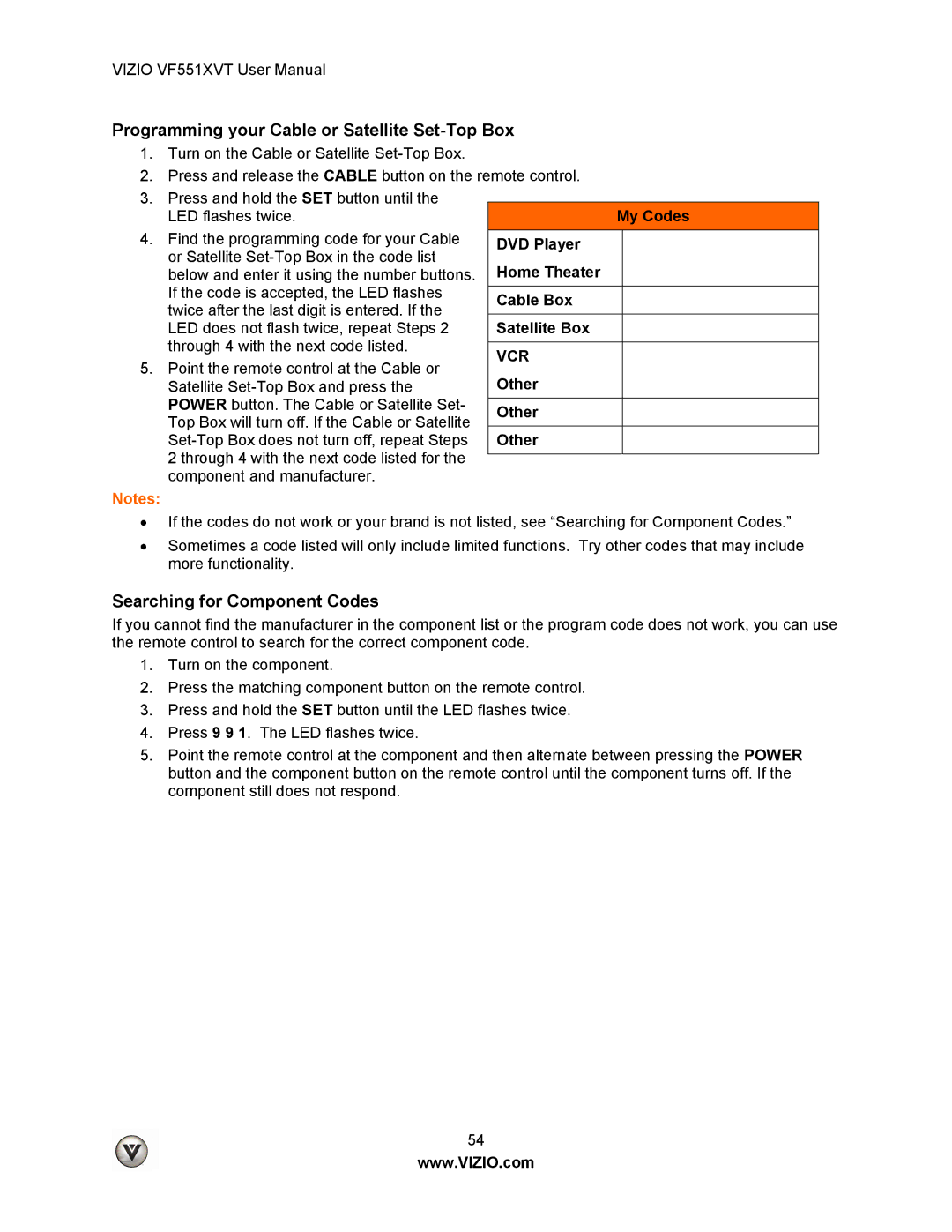 Vizio VF551XVT user manual Programming your Cable or Satellite Set-Top Box, Searching for Component Codes 