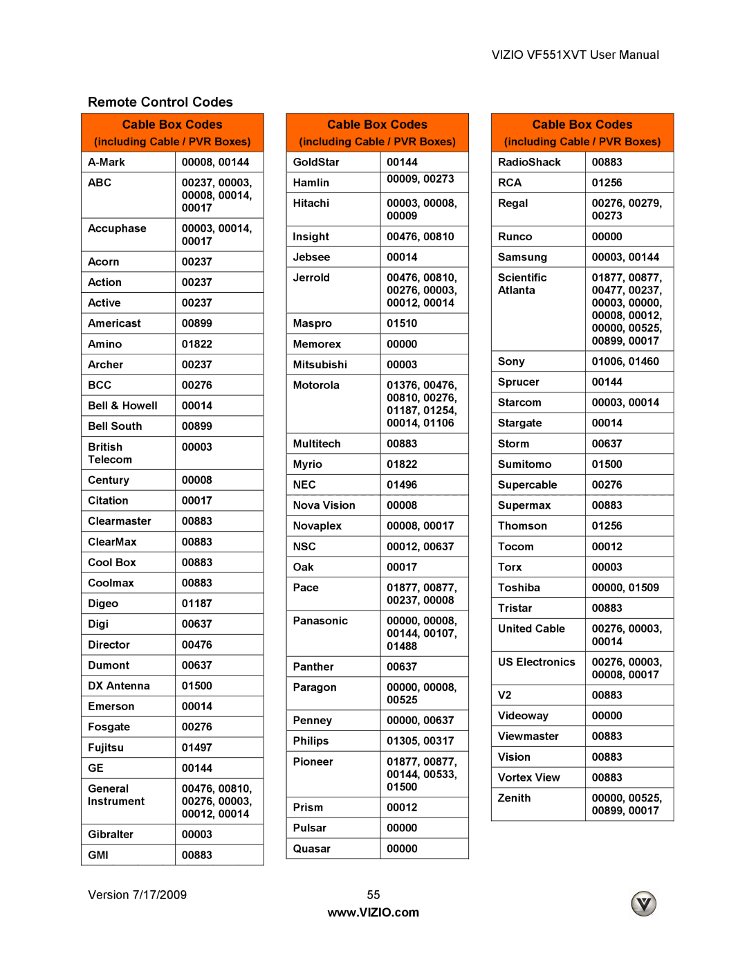 Vizio VF551XVT user manual Remote Control Codes, Cable Box Codes 