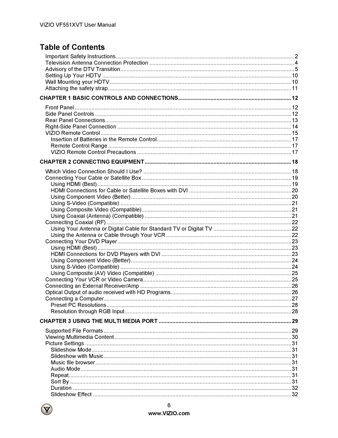 Vizio VF551XVT user manual Table of Contents 