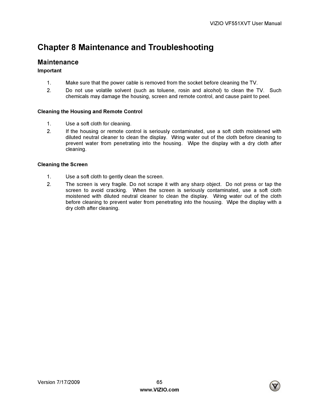 Vizio VF551XVT user manual Maintenance, Cleaning the Housing and Remote Control, Cleaning the Screen 