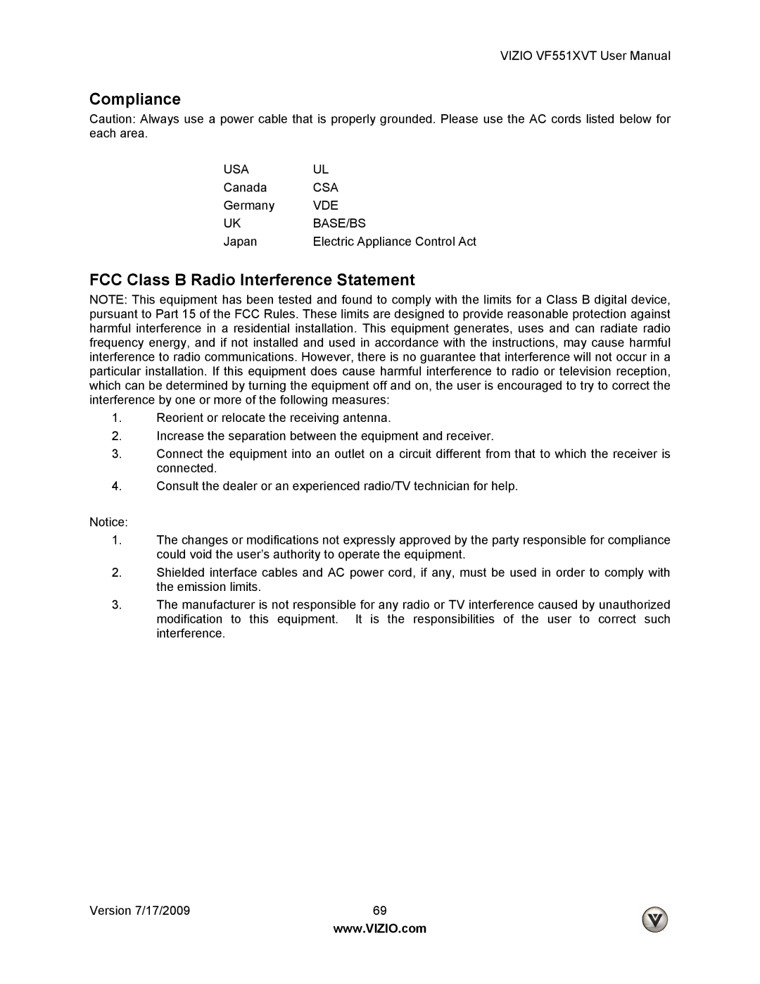 Vizio VF551XVT user manual Compliance, FCC Class B Radio Interference Statement 