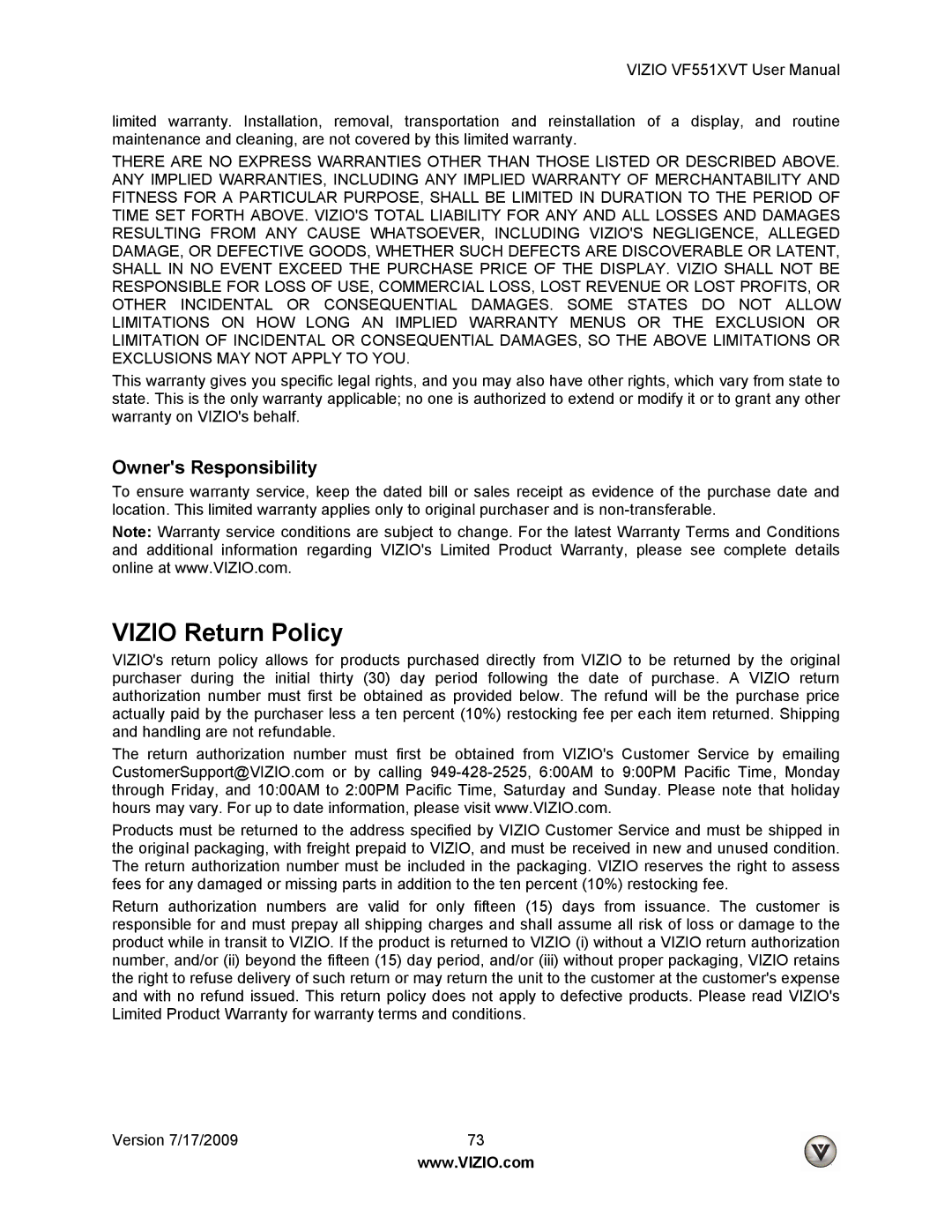 Vizio VF551XVT user manual Vizio Return Policy 