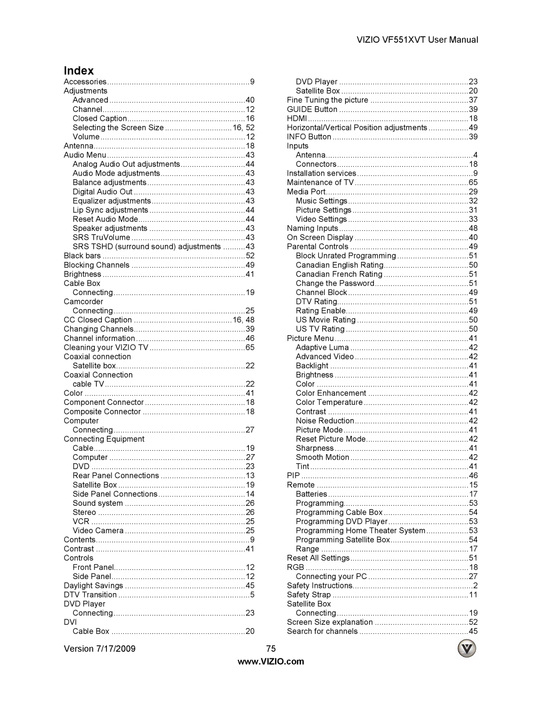 Vizio VF551XVT user manual Index, Vcr 