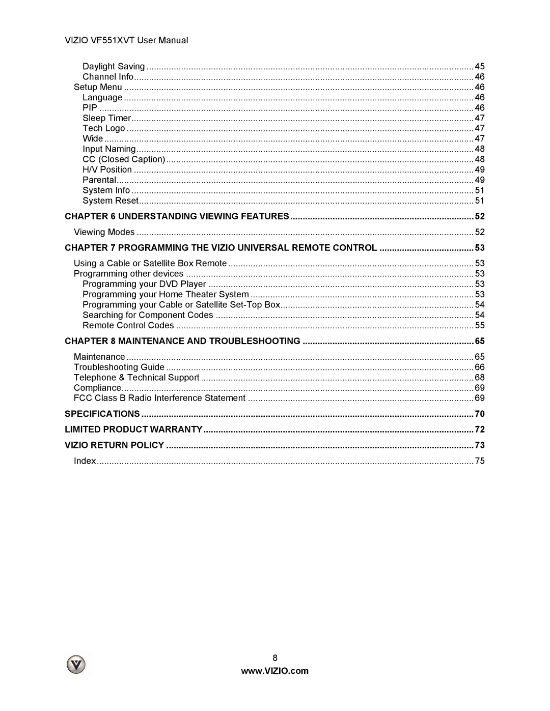 Vizio VF551XVT user manual Understanding Viewing Features, Maintenance and Troubleshooting 