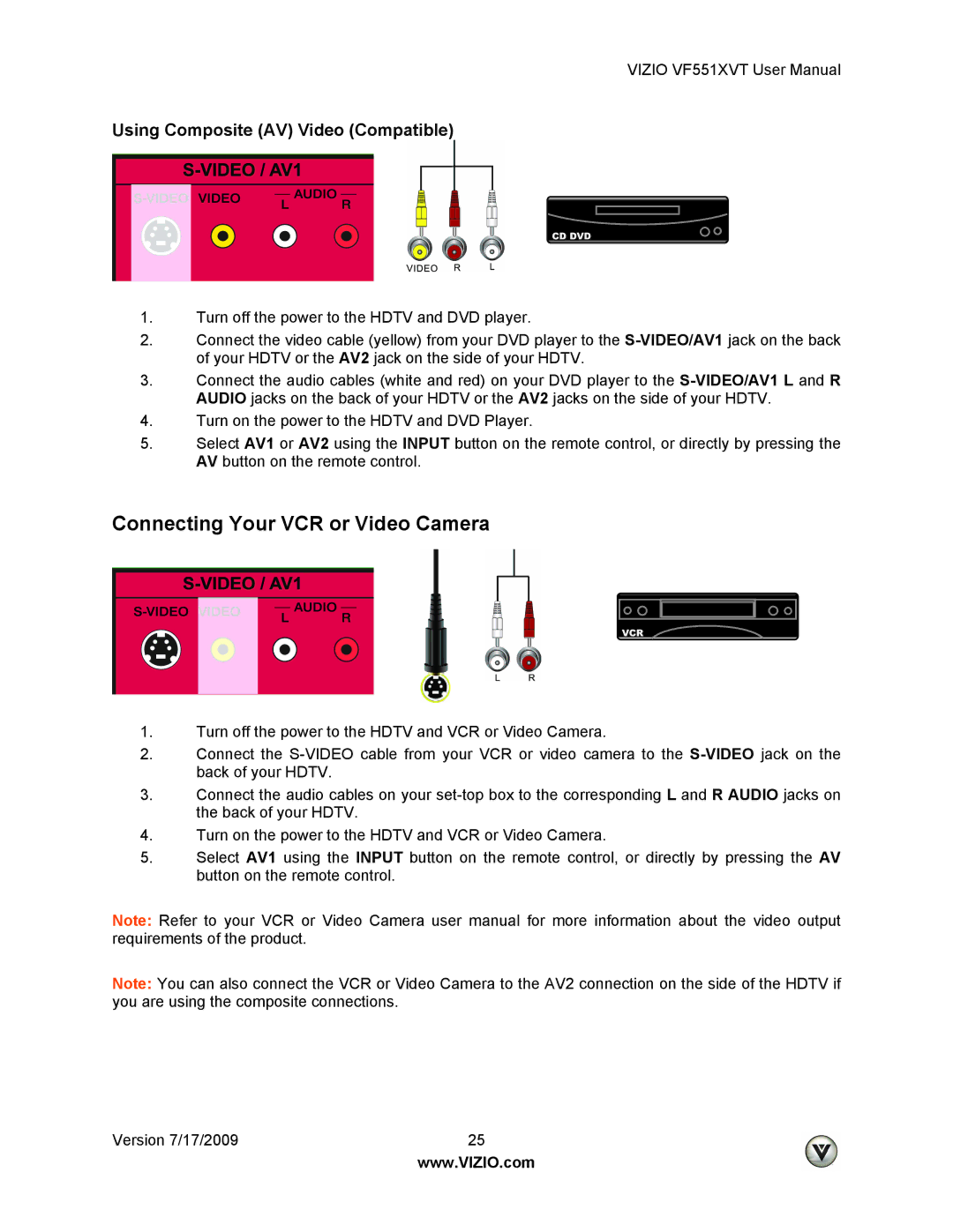 Vizio VF551XVT manual Connecting Your VCR or Video Camera, Using Composite AV Video Compatible 