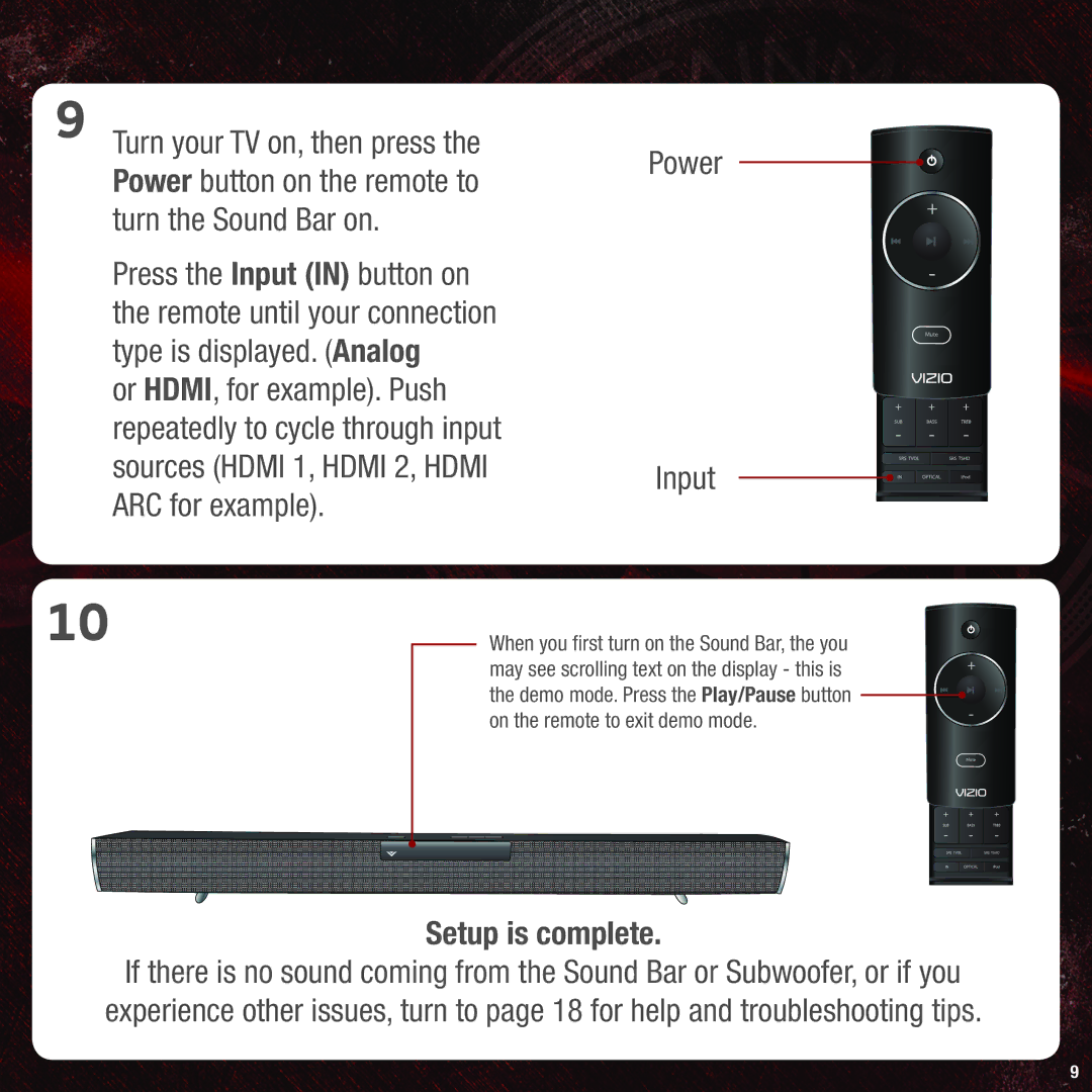 Vizio VHT215 quick start Power Input 