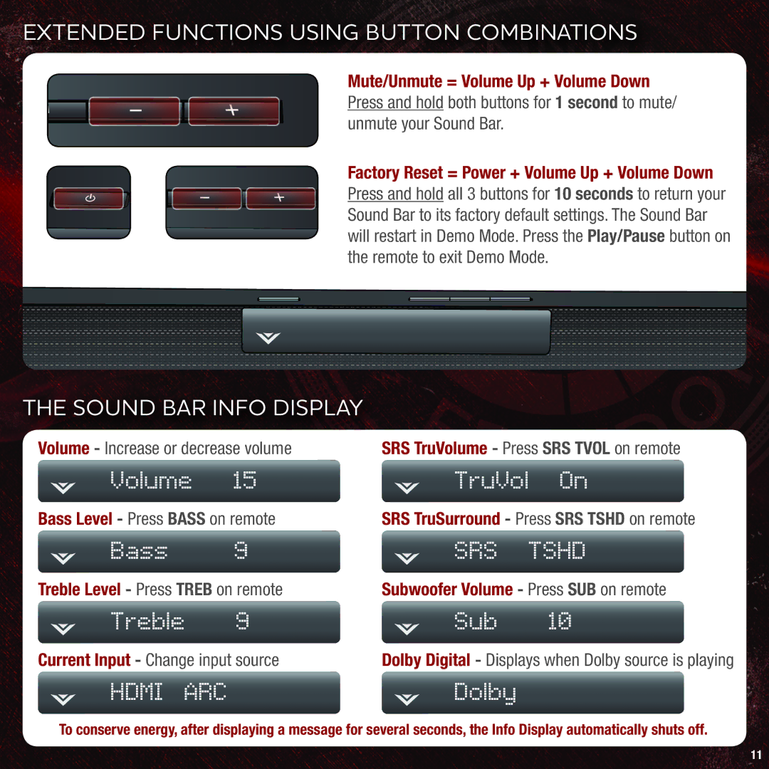 Vizio VHT215 quick start Extended Functions Using Button Combinations, Sound BAR Info Display 