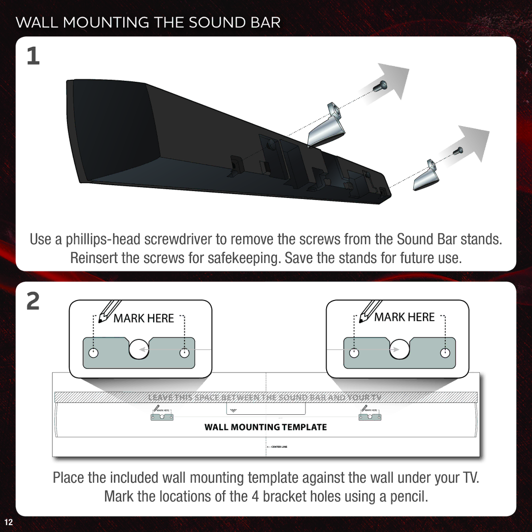 Vizio VHT215 quick start Wall Mounting the Sound BAR, Mark the locations of the 4 bracket holes using a pencil 