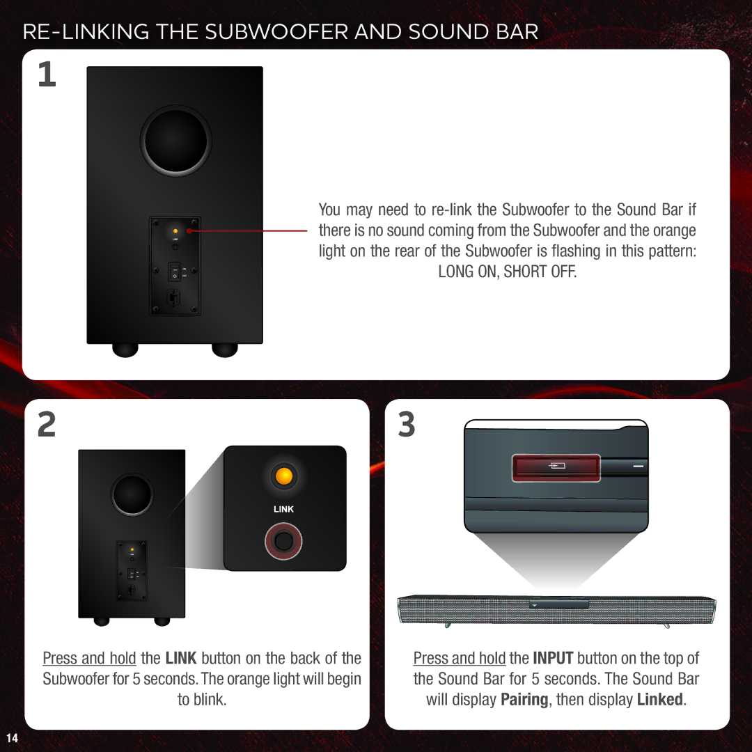 Vizio VHT215 quick start RE-LINKING the Subwoofer and Sound BAR, Long ON, Short OFF 