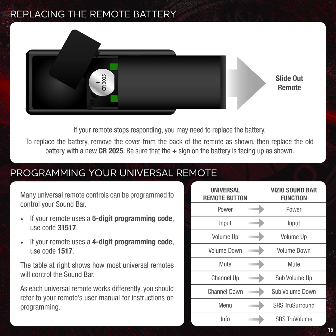 Vizio VHT215 quick start Replacing the Remote Battery, Programming Your Universal Remote 