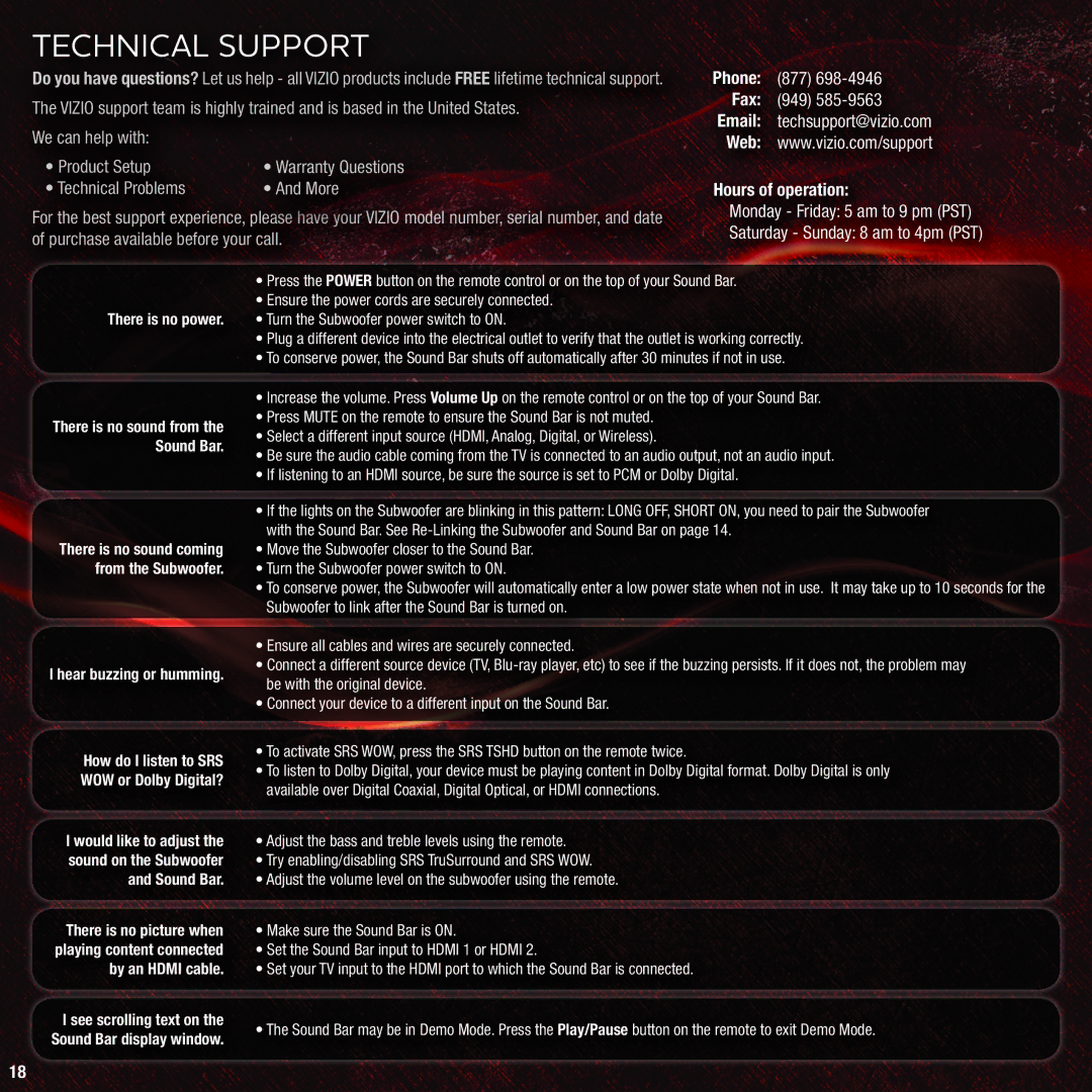 Vizio VHT215 quick start Technical Support 