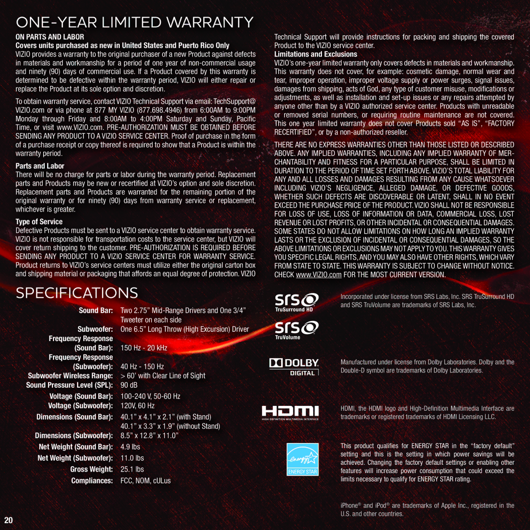 Vizio VHT215 quick start ONE-YEAR Limited Warranty, Specifications 