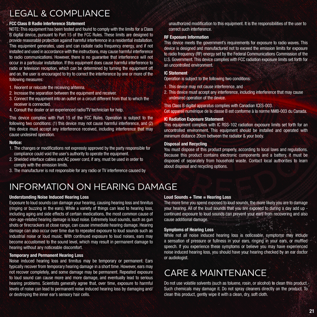 Vizio VHT215 quick start Legal & Compliance, Information on Hearing Damage, Care & Maintenance 