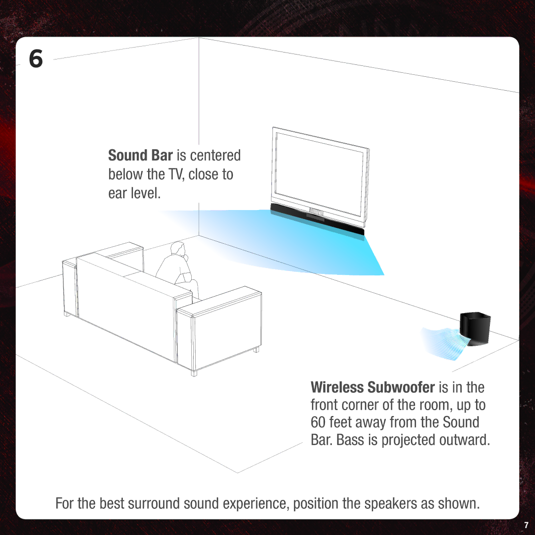 Vizio VHT215 quick start Sound Bar is centered below the TV, close to ear level 