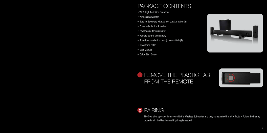 Vizio VHT510 quick start Package Contents, 1Remove the plastic tab from the remote 2Pairing 