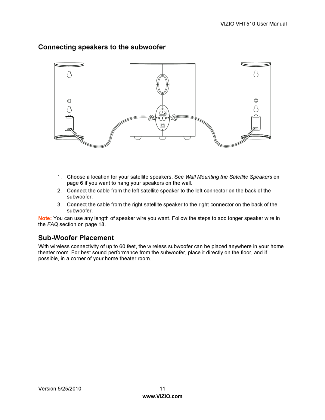 Vizio VHT510 user manual Connecting speakers to the subwoofer, Sub-WooferPlacement 